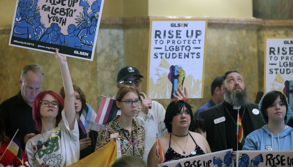 Transgender rights advocates rally Jan. 31, 2024, at the Kansas Capitol in Topeka. In 2023, the state enacted a measure that says there are two sexes, male and female, based on a person’s “biological reproductive system" at birth. (AP)