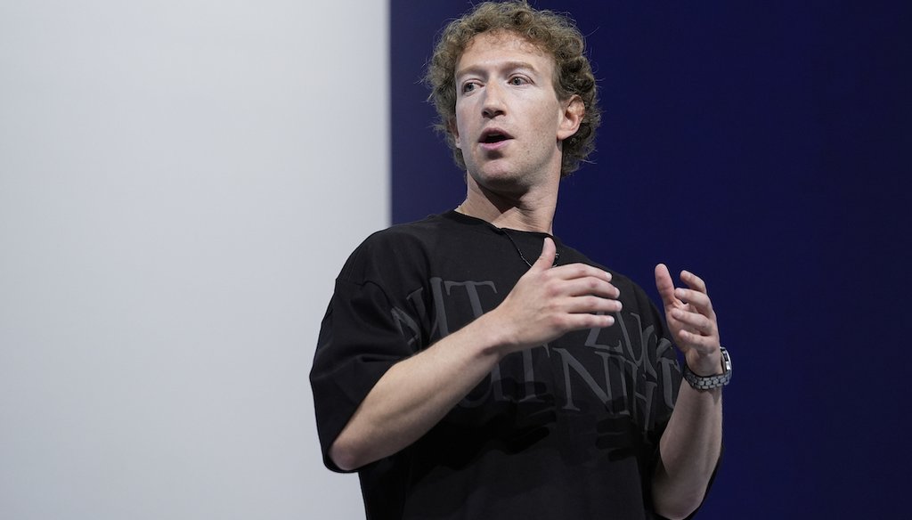 Mark Zuckerberg talks about the Orion AR glasses during the Meta Connect conference, Sept. 25, 2024, in Menlo Park, Calif. (AP)