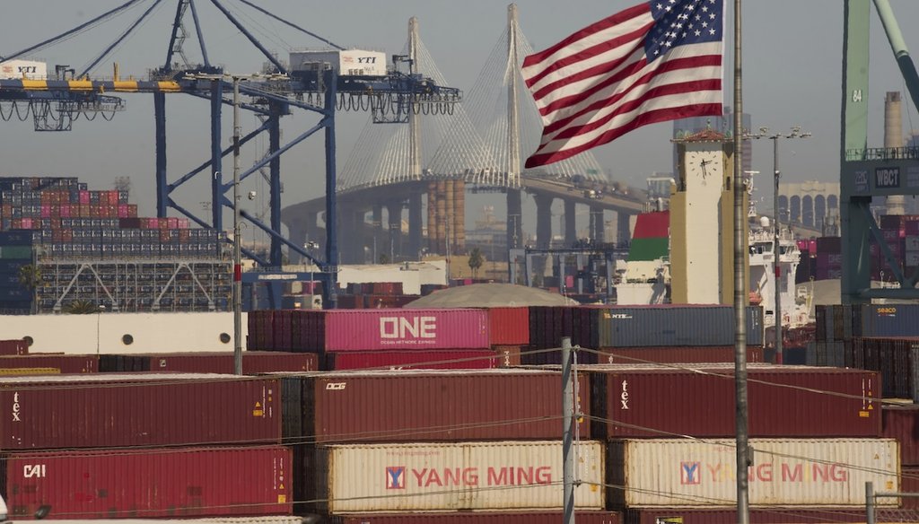 Containers from Yang Ming Marine Transport Corp., a Taiwanese container shipping company, are stacked up at the Port of Los Angeles on April 9, 2025. (AP)